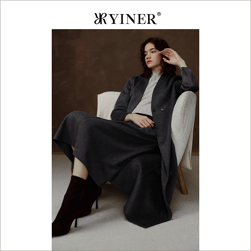 YINER音儿冬季女装法式优雅高腰过膝A字裙羊毛半身裙