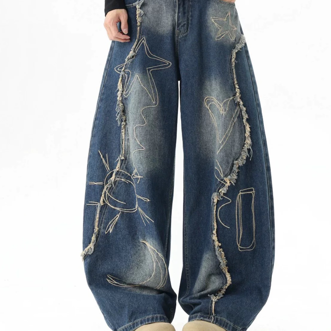 爱心刺绣弯刀裤男女同款