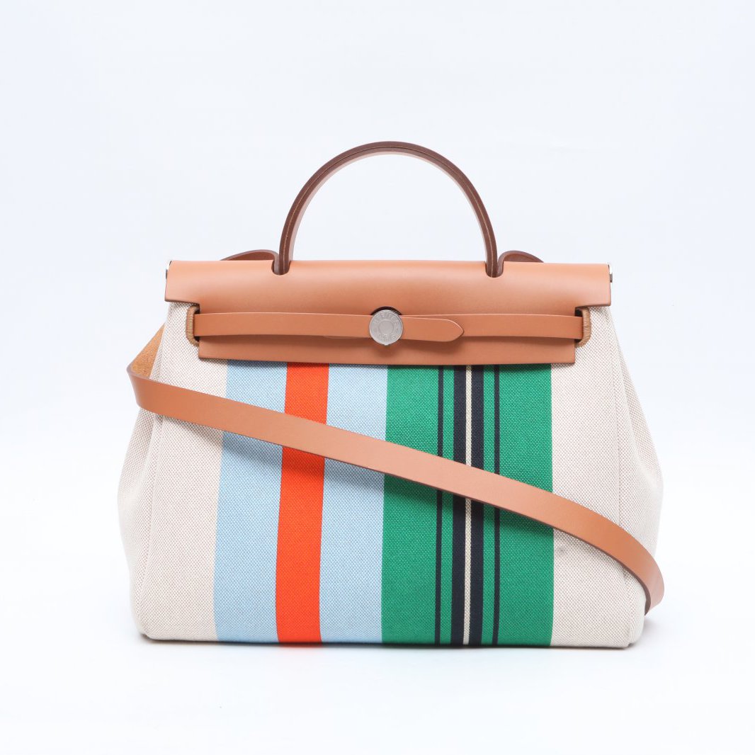 99新 Hermes/爱马仕 小花6欢 Herbag 31 37金棕色 W刻 银扣包