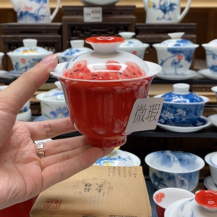 手绘龙船花二才盖碗160cc釉下彩微瑕福利款