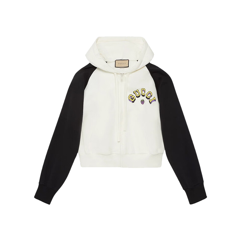 GUCCI古驰FW23Logo图案短款拼色连帽拉链长袖卫衣773729XJF8Q9281