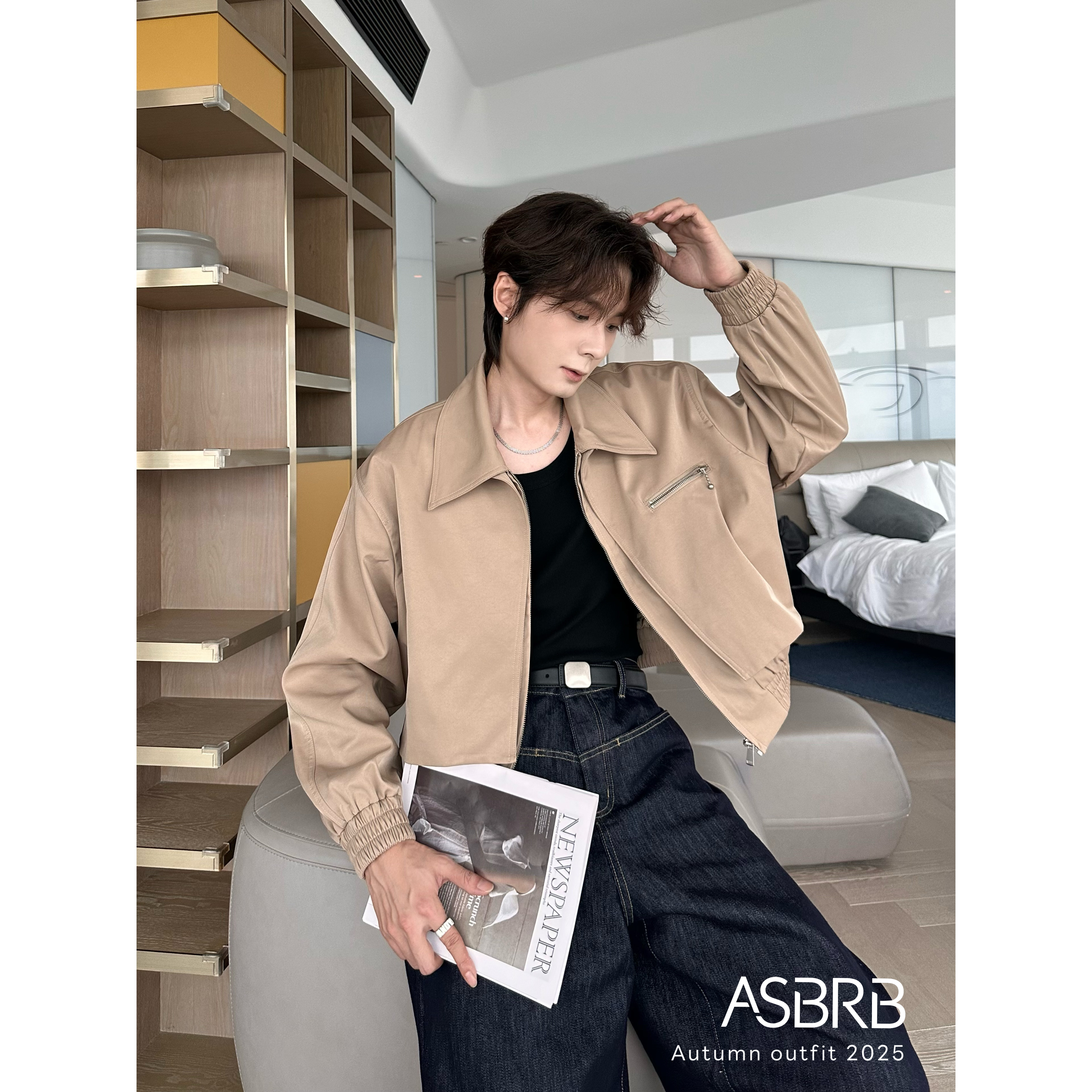 【ASHENG BRB】25A/W短款翻领拼接假两件夹克简约复古休闲外套
