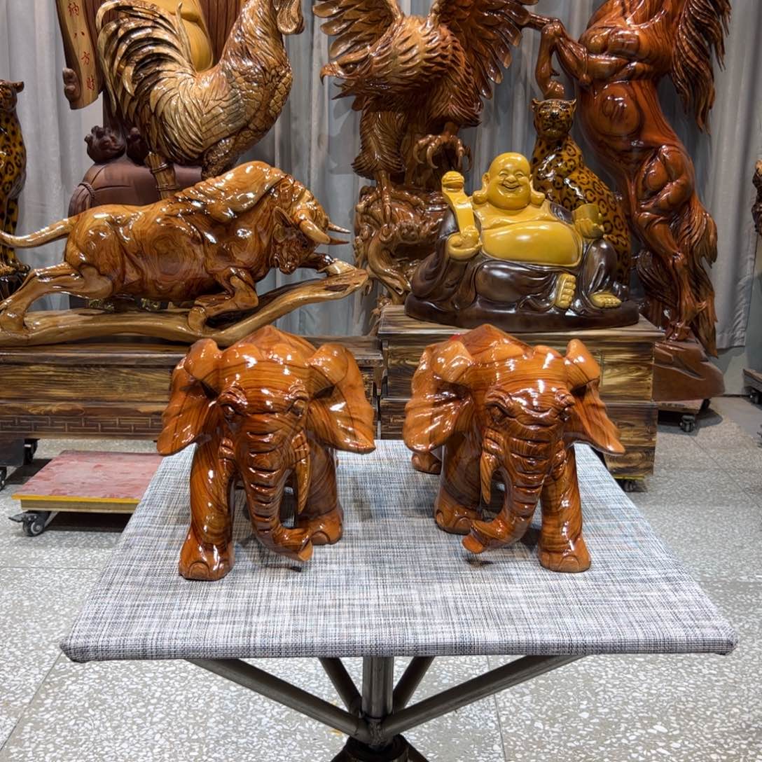 三***山香樟木实木根雕摆件大象一对