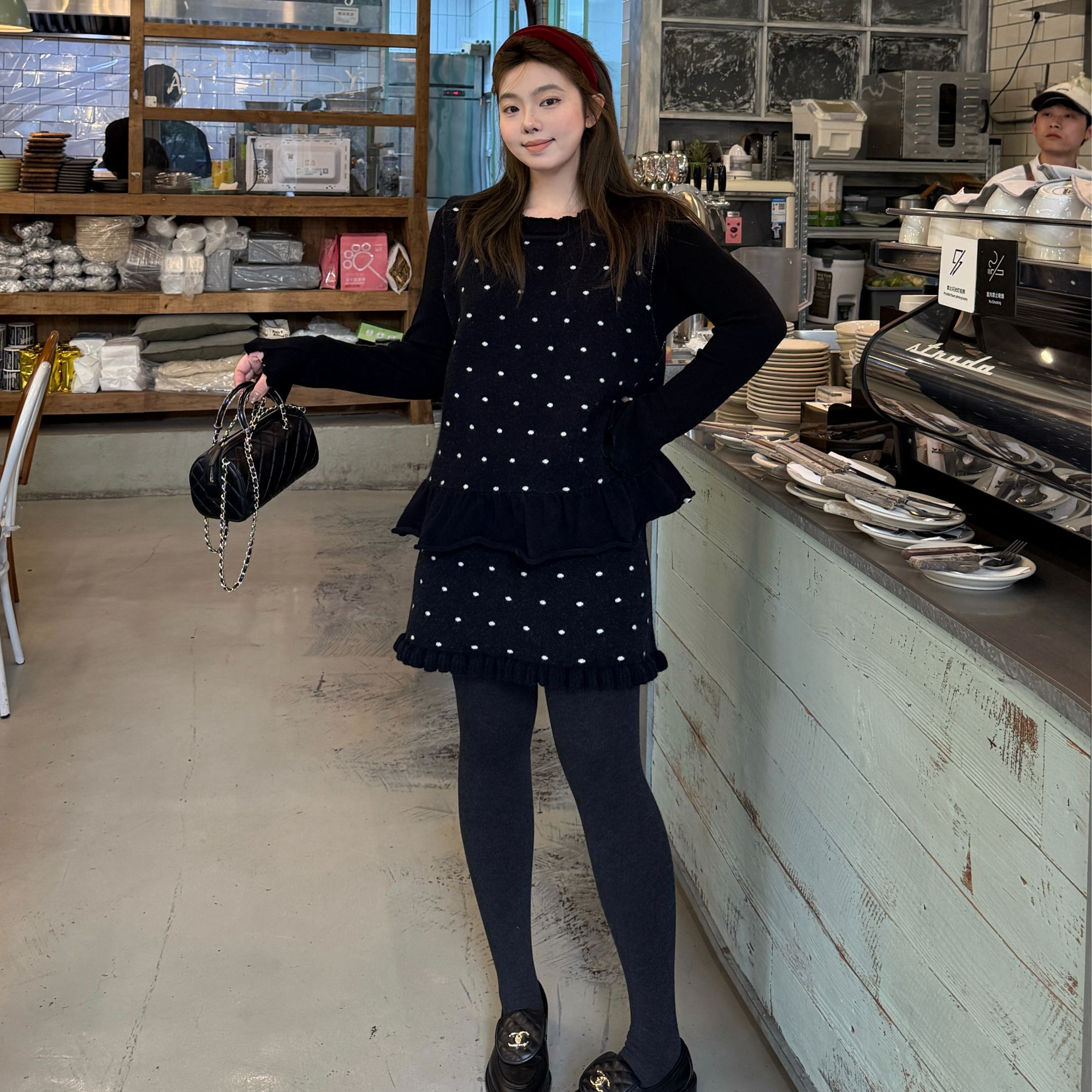 晶咕软软【甜心涟漪】韩版甜美减龄荷叶边针织上衣+半身裙套装