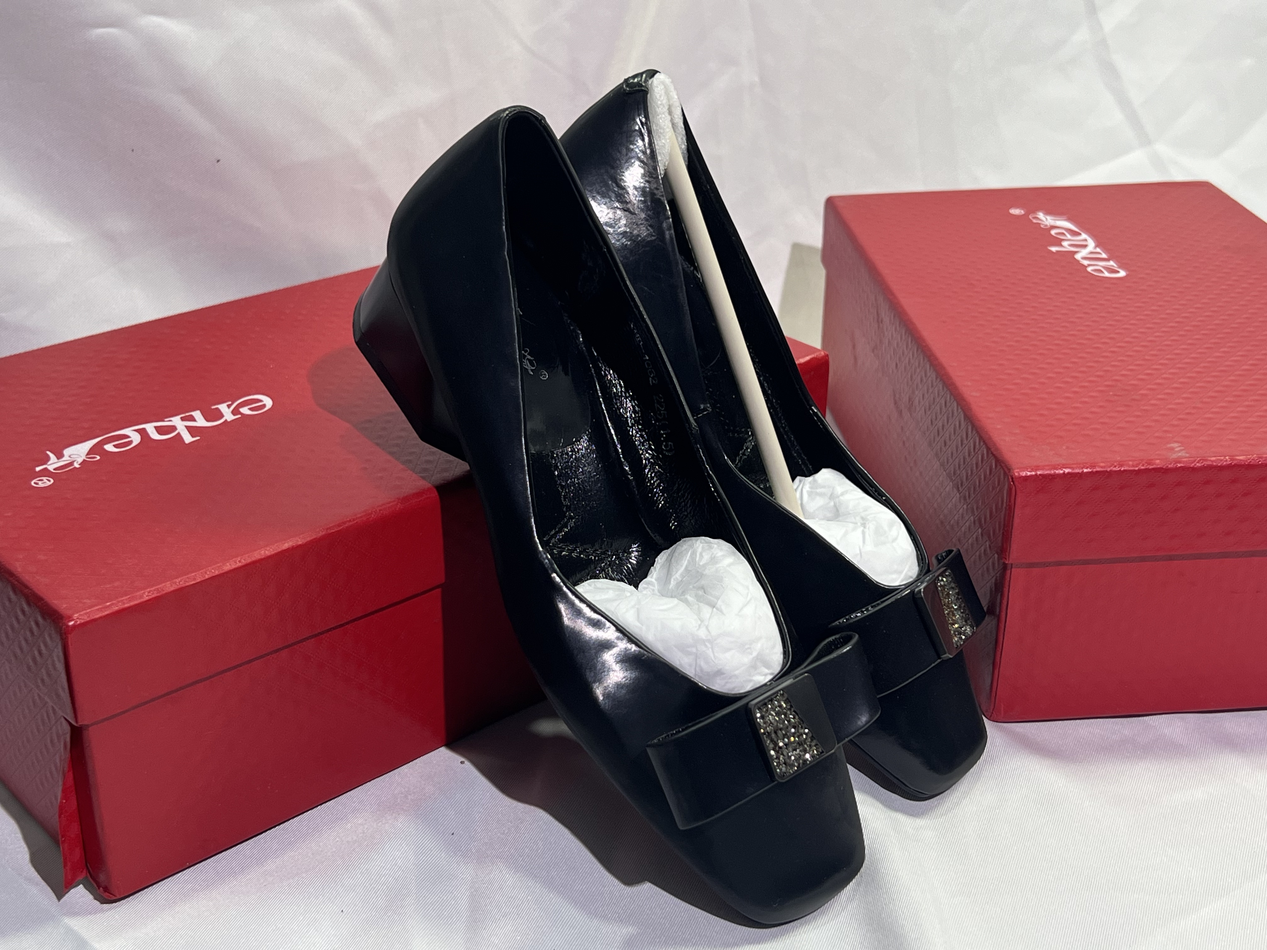 【1号】黑色漆皮秋季夏季蝴蝶结单鞋简约鞋子浅口高跟方头