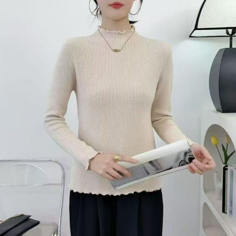 【一体绒毛衣】木耳边半高领针织衫秋冬加绒加厚毛衣内搭一体水貂绒