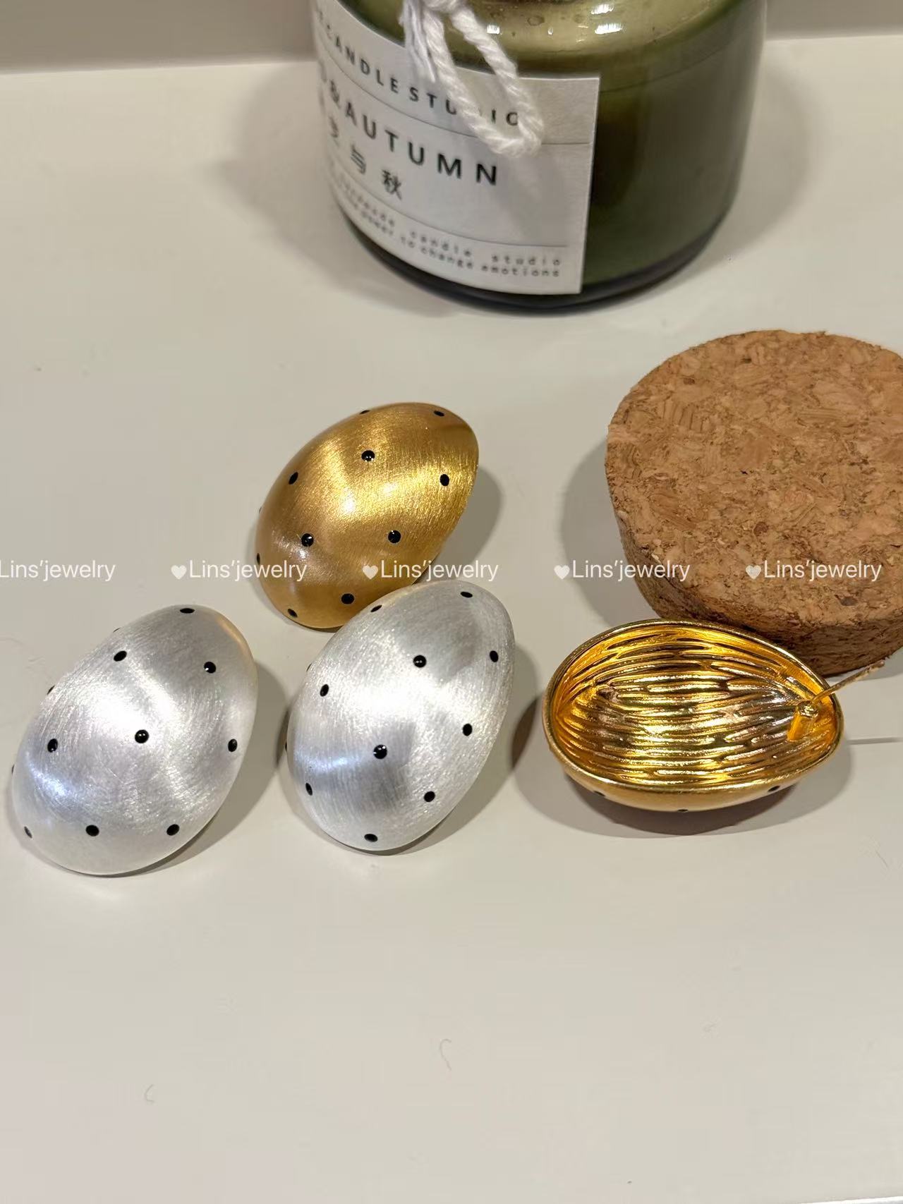 铜合金耳饰 法式拉丝波点金属球耳钉~