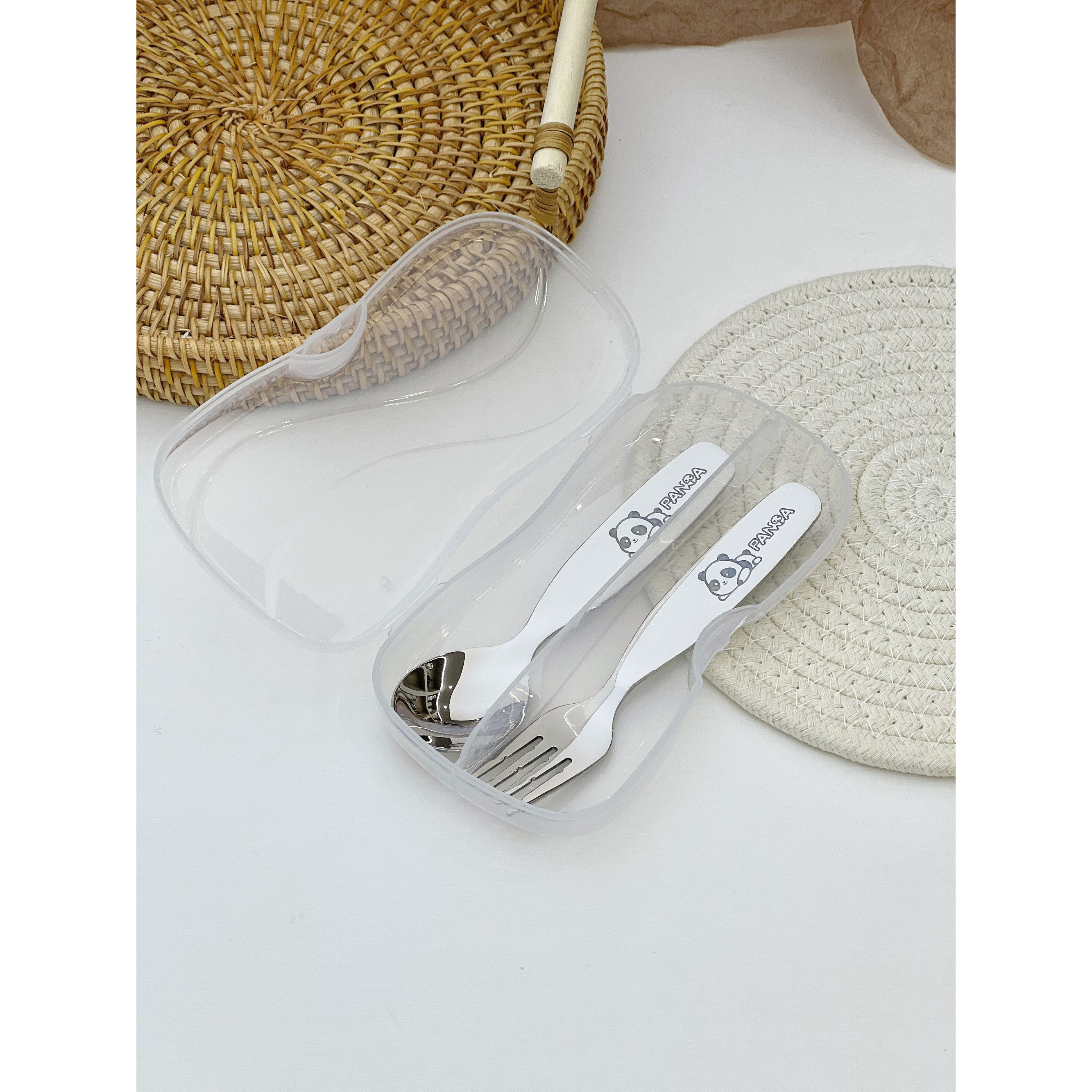 [带收纳盒]304可爱儿童餐具 勺叉两件套 卡通熊猫钢勺吃饭辅食勺