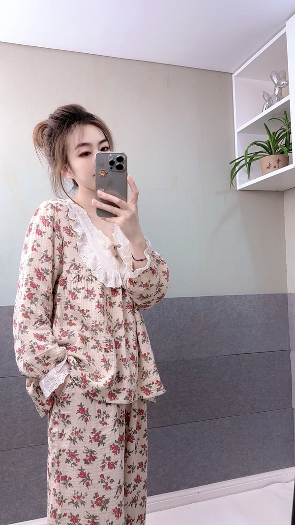 秋季韩版圆领套头女100%棉双层纱长袖宽松甜美套装家居服