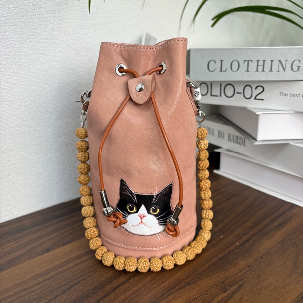 水晶植鞣头层牛皮抽绳小水桶手提斜挎包【3D高分子热熔印制】81807