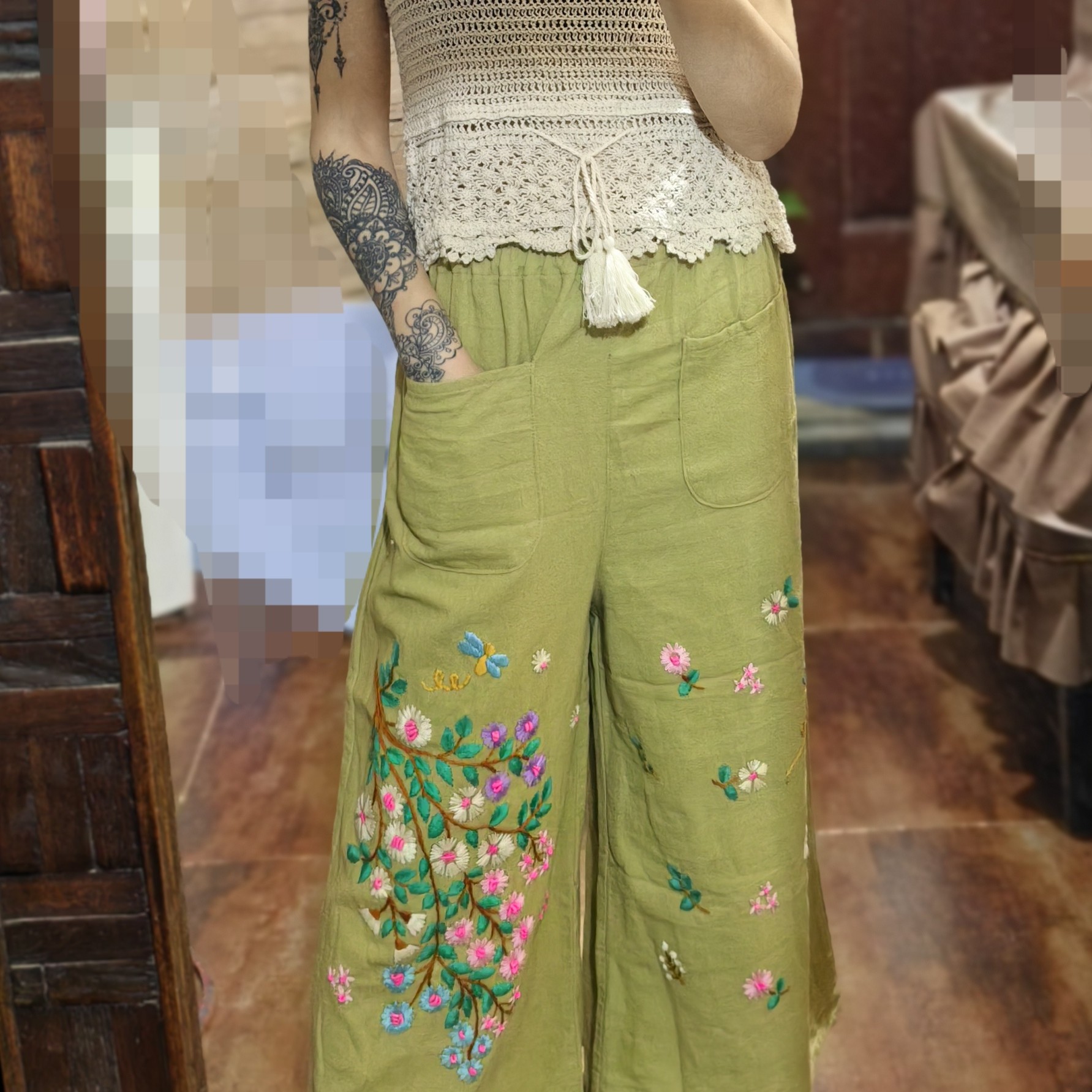泰国清迈手工刺绣棉麻绣花阔腿裤宽松透气九分裤直播间选款