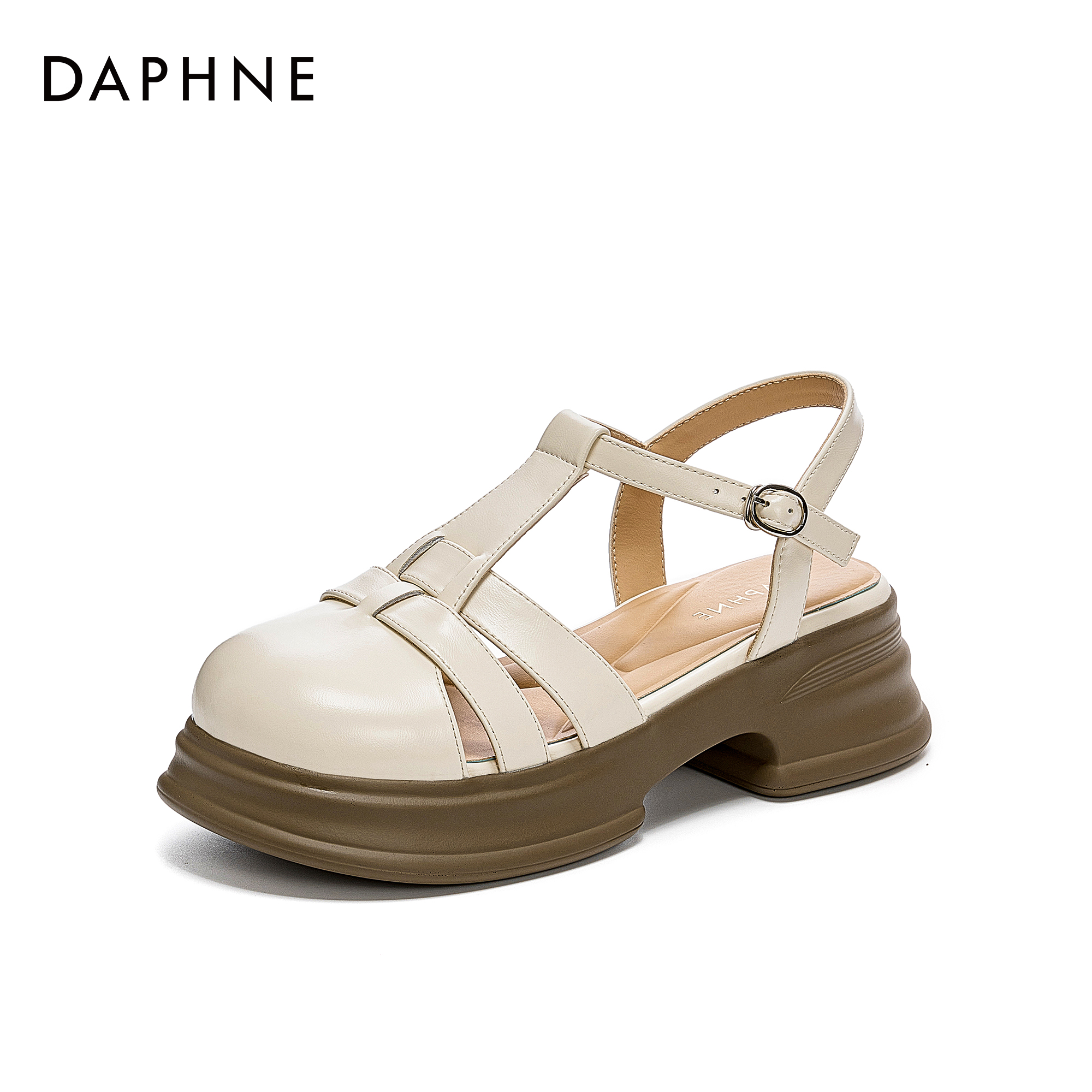 Daphne/达芙妮包头凉鞋女夏季丁字扣配裙子罗马鞋时尚粗跟宴会鞋
