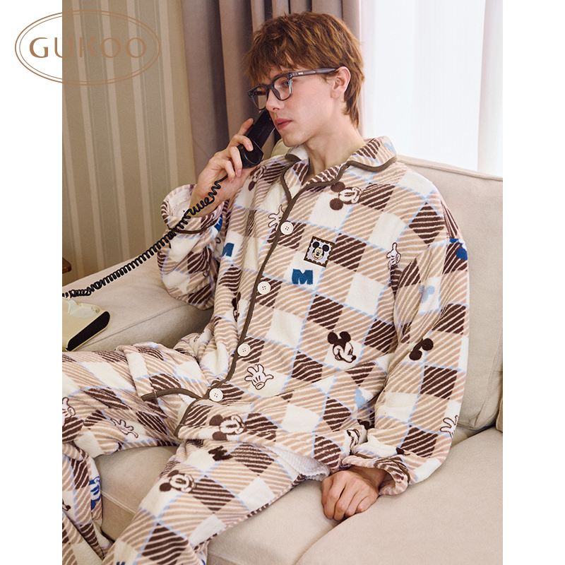 【Gukoo果壳】男士睡衣冬季迪士尼联名毛绒休闲格子宽松家居服套装