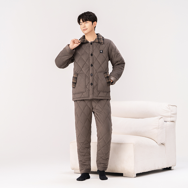 冬季新款男士拼接纽扣加绒变态厚家居服
