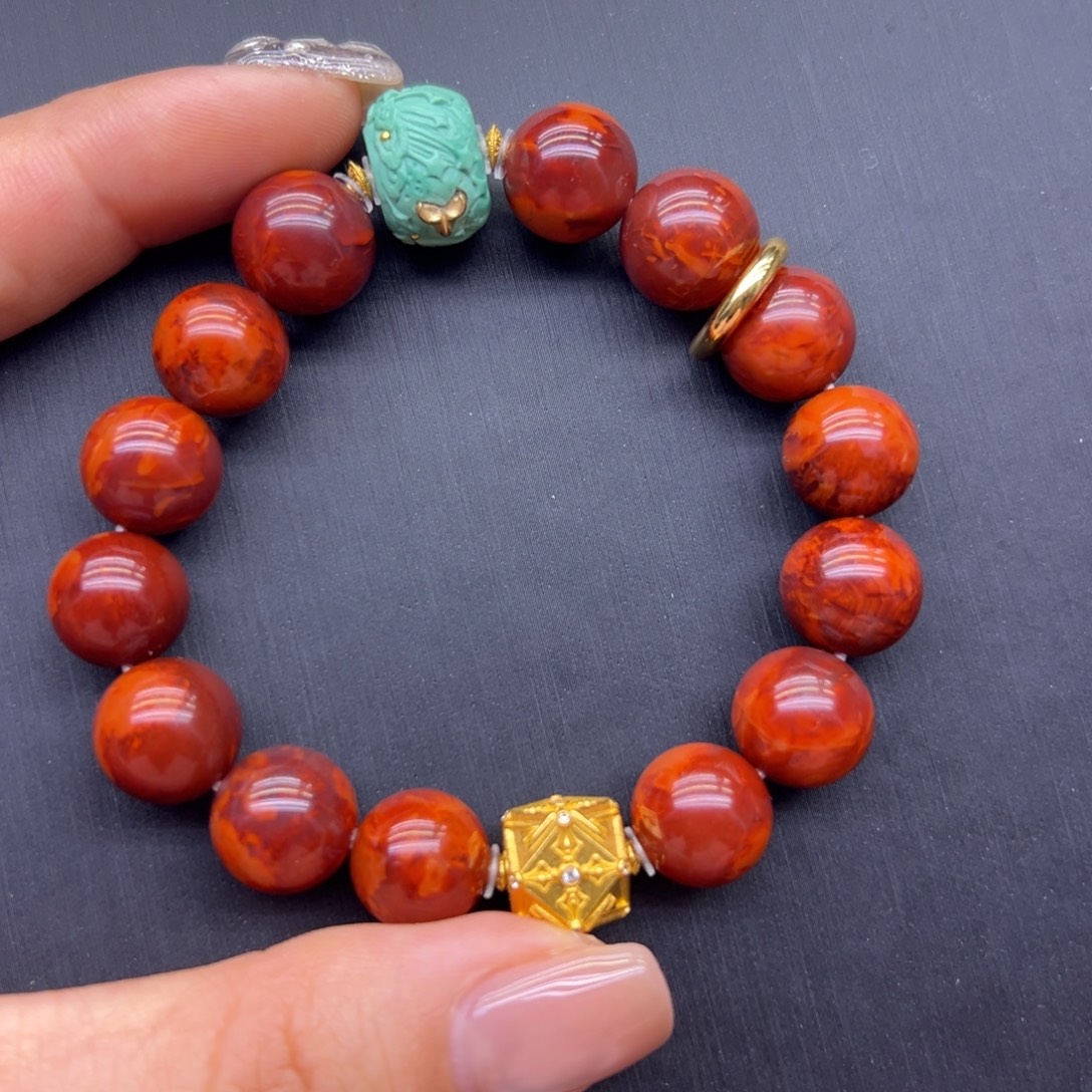 南红玛瑙18K金镶嵌手链手串
