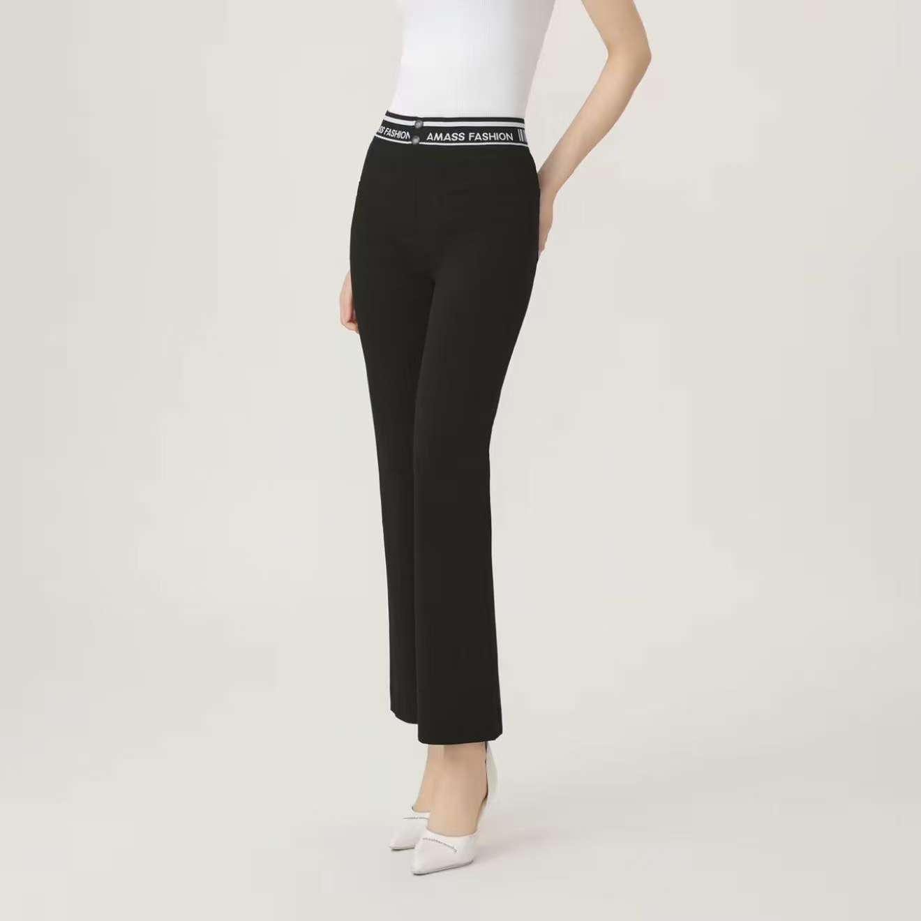 AMASS/阿玛施四面弹字母织带黑色时尚通勤高腰修身微喇裤5100460