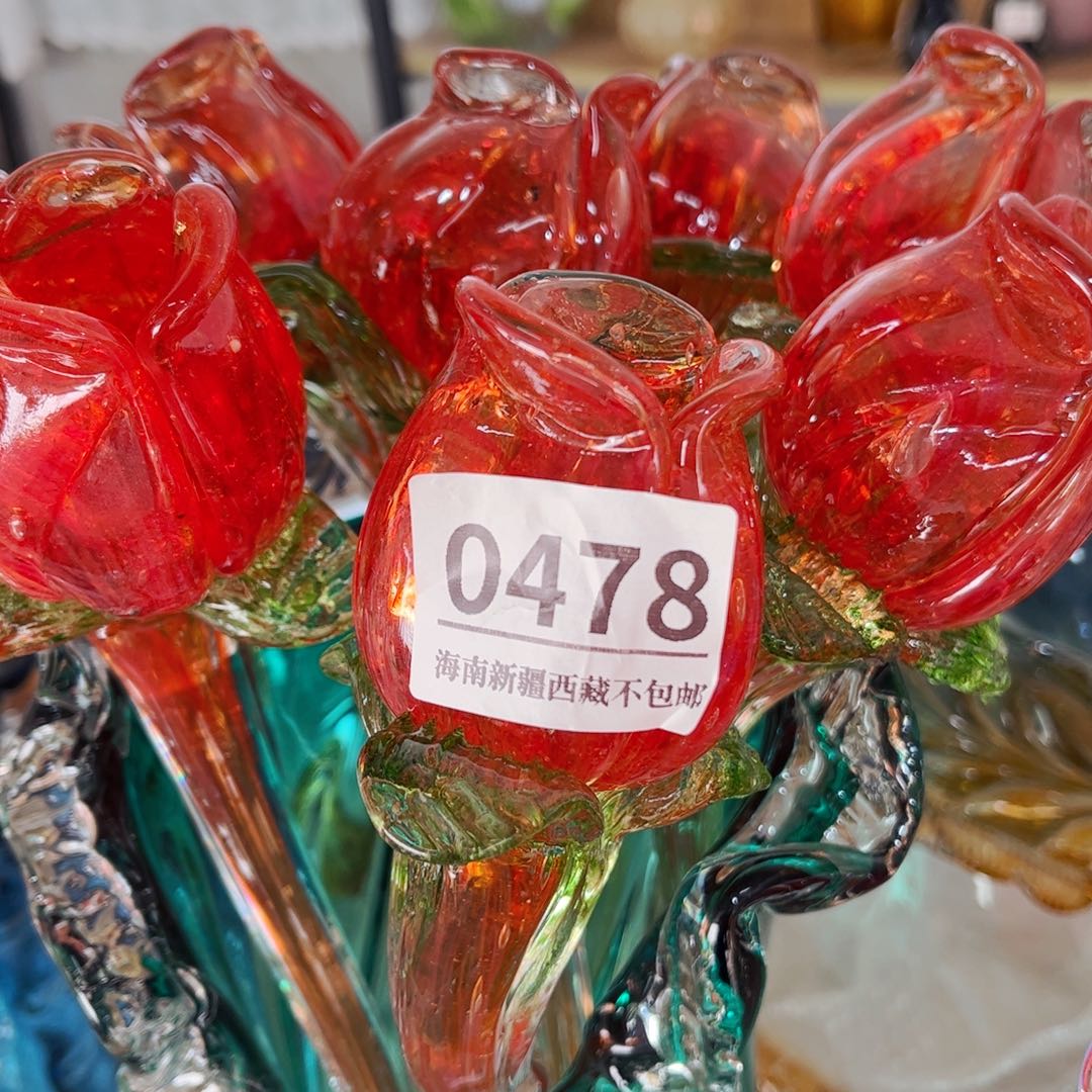 琉璃0478亮红玫瑰 花瓶摆件