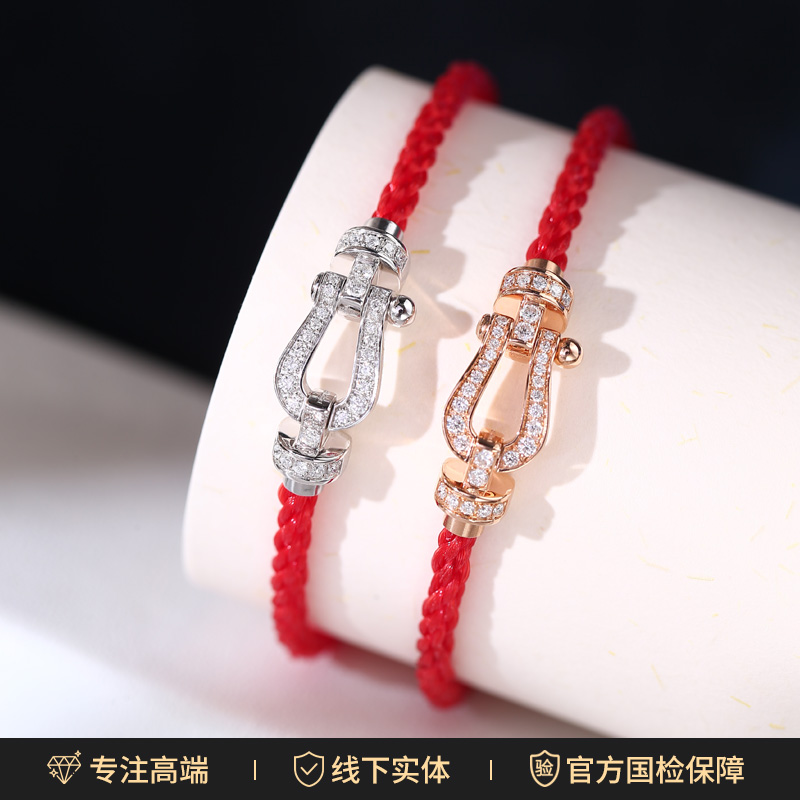 【天然钻石】18K金中号满钻马蹄扣手绳高定版3克左右(默认尼龙绳)