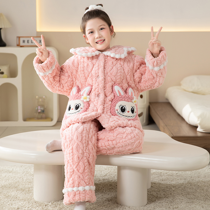 bejirog/北极绒可爱风女童加厚款珊瑚绒翻领睡衣大童三层夹棉套装