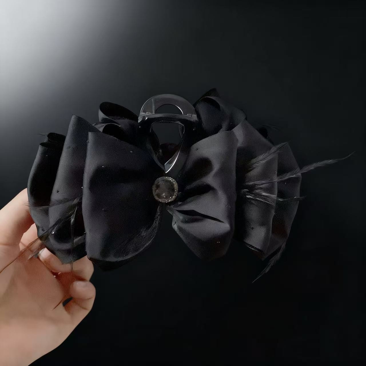 约13cm法式加长羽毛泡泡云朵抓夹女日韩高级感蝴蝶结缎面发抓3305