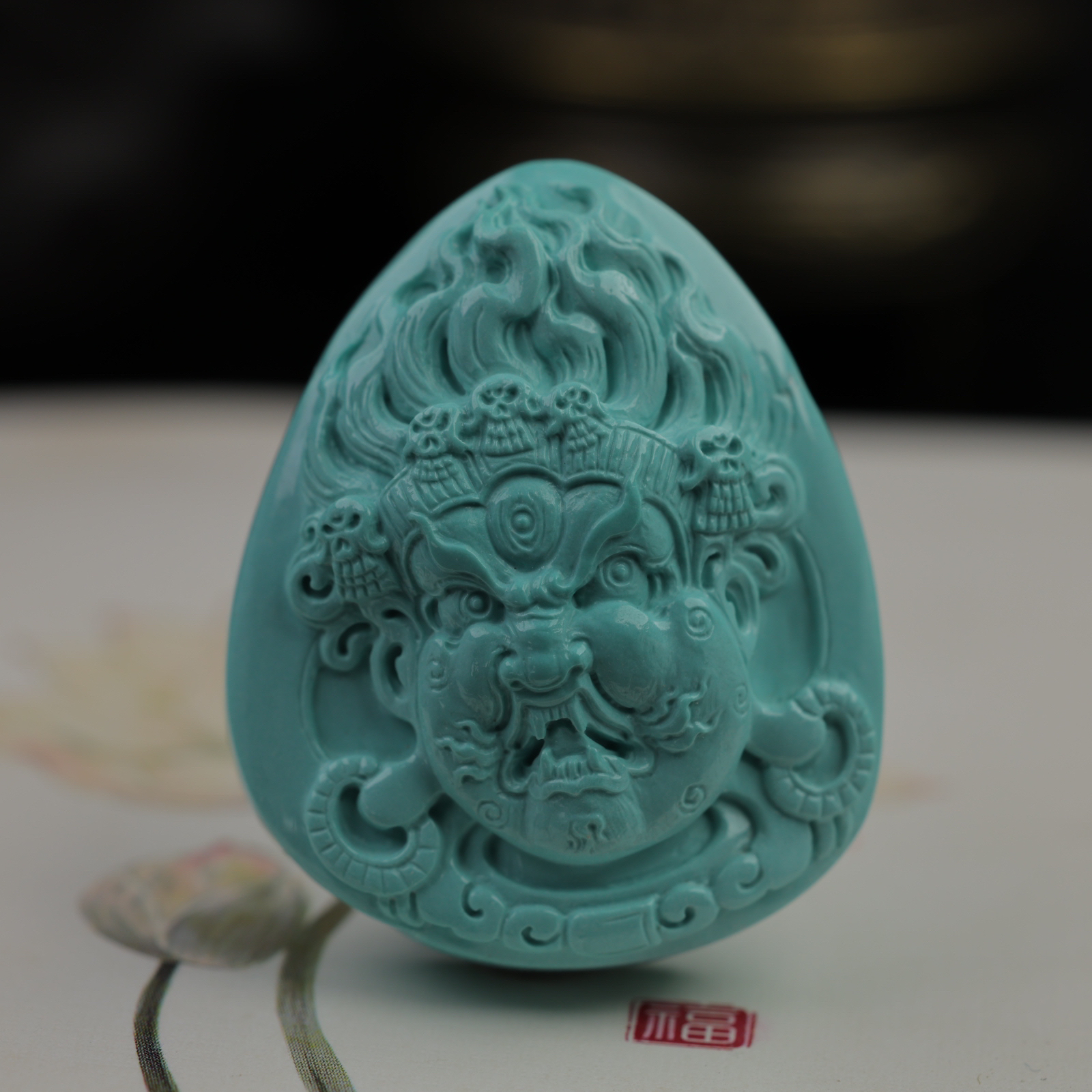 原矿高瓷绿松石雕件大黑天吊坠挂件北工寸25x30.8x13.4mm