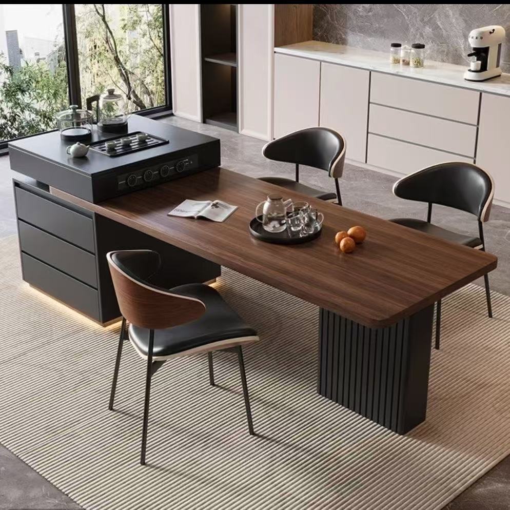 岛台餐桌一体家用伸缩岩板黑胡桃意式木纹多功能大户型厨房岛台