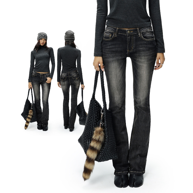 Audwyn修身微喇牛仔裤女秋冬新款包臀弹力紧身显瘦水洗做旧长裤