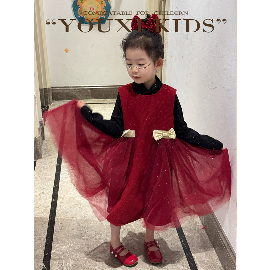 现飞飞家·聚会焦点女童新年过年红色公主纱纱洋气背心裙 FF2471