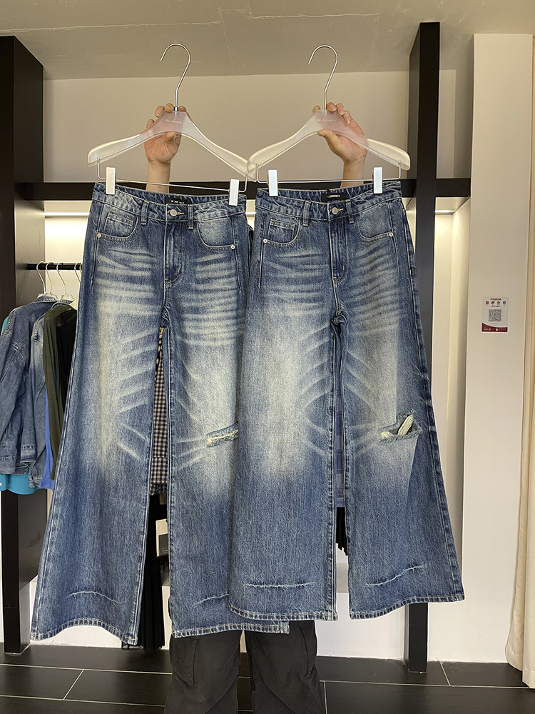 【清】NO退换ONEXH·IN choose u2025秋季洗水破洞牛仔裤显瘦阔腿裤