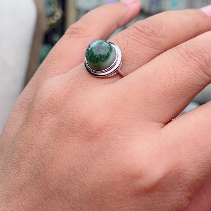 透闪石-蛇纹石玉戒指银S925镶嵌