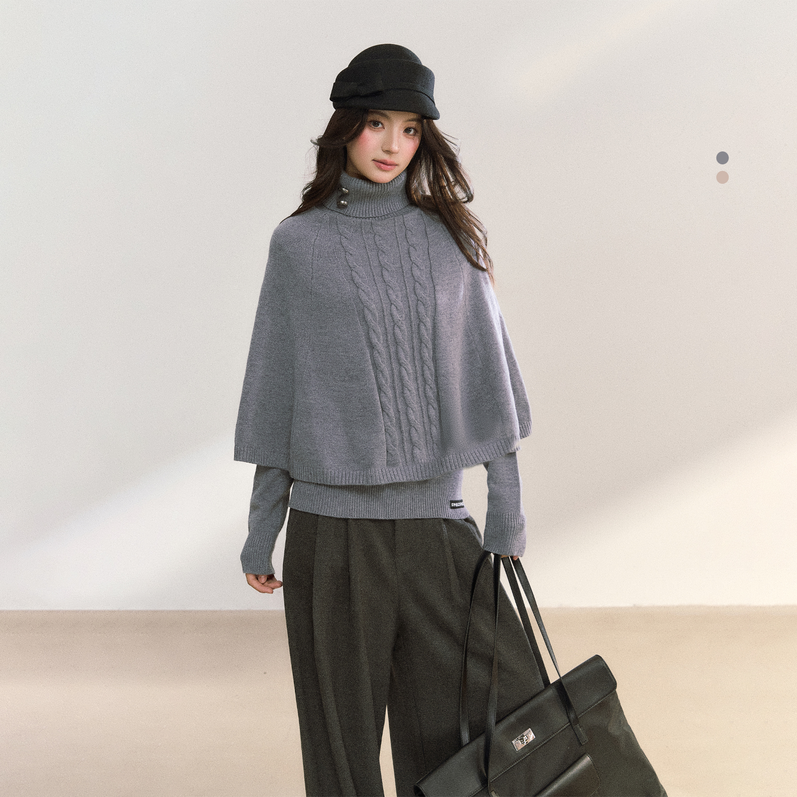 FPMZ高领麻花纹斗篷毛衣气质老钱风秋冬披风慵懒叠穿针织衫上衣