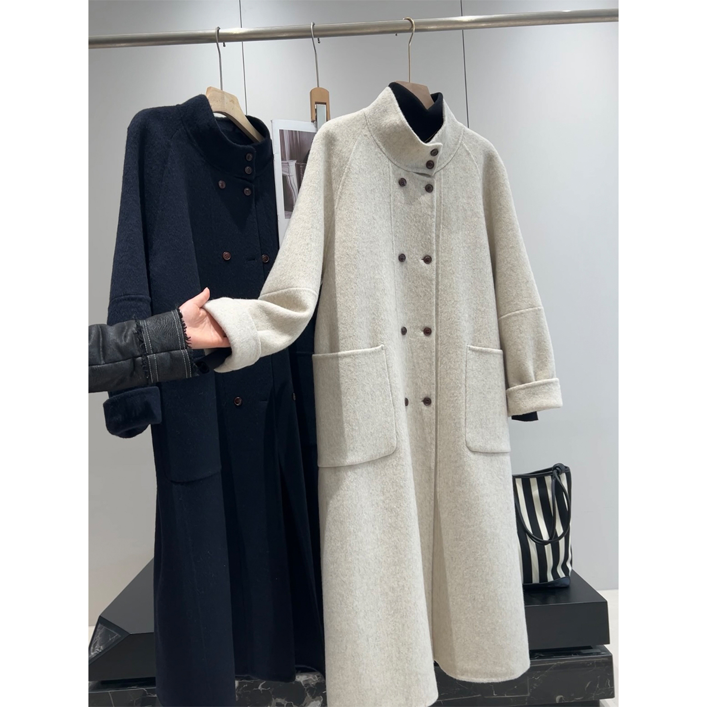 余单！高端大气 立领双排扣长款双面呢绵羊毛大衣气质通勤外套
