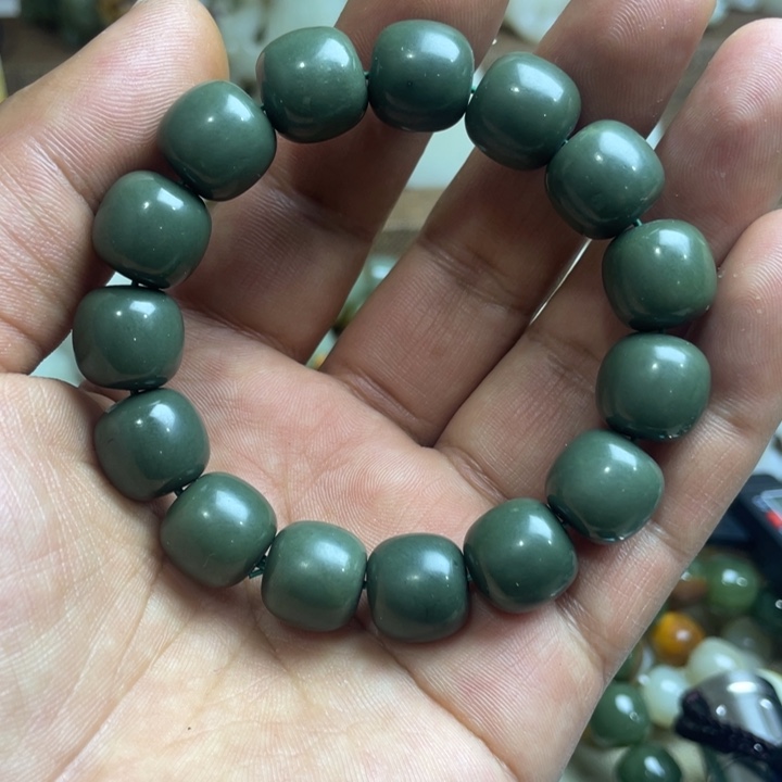 和田玉手链未镶嵌豆青卡14