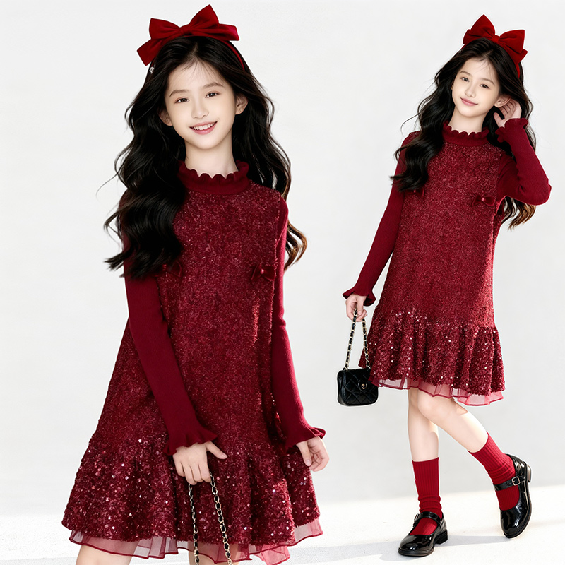 女童红色秋冬季2025新款加厚保暖设计亮片洋气拜年服连衣裙两件套