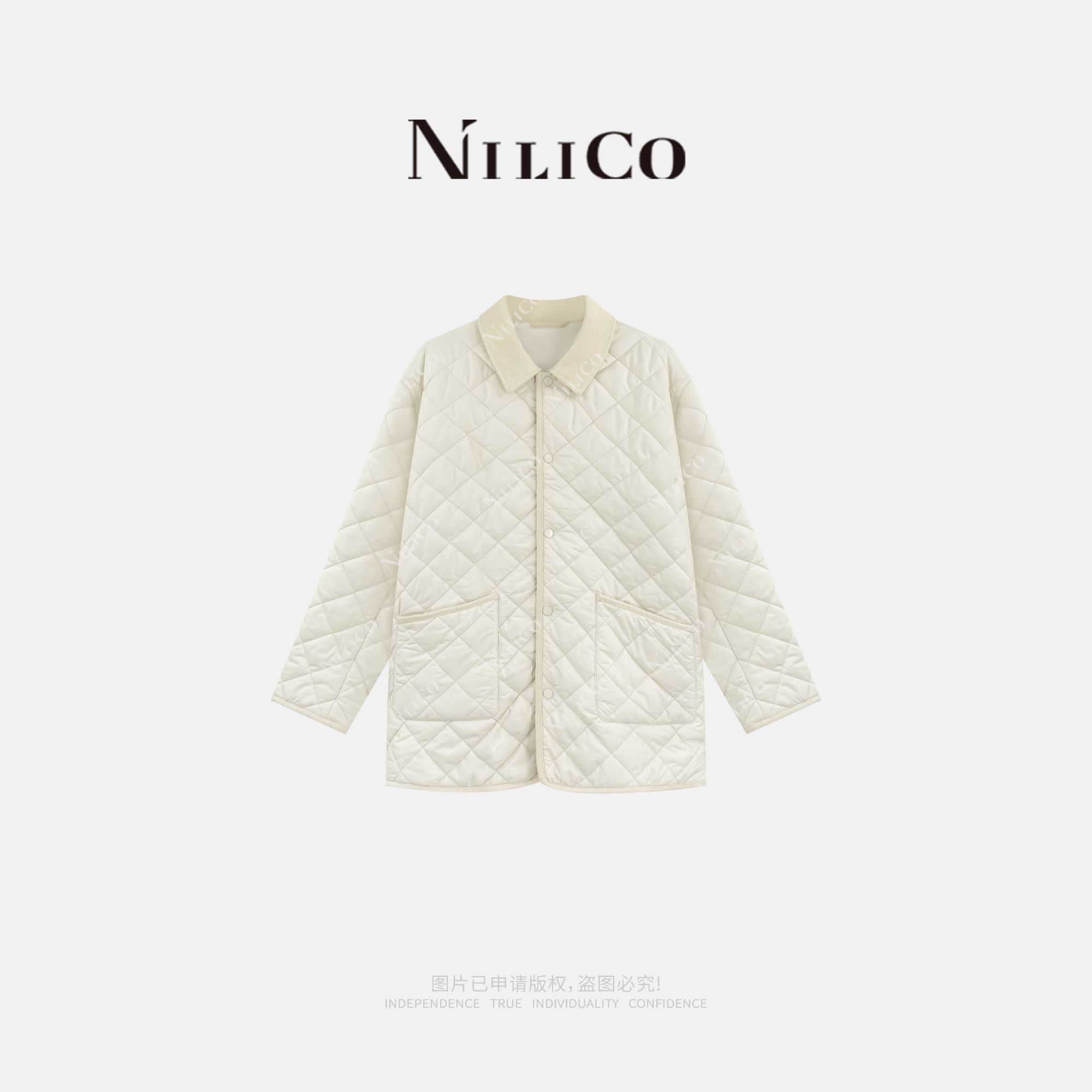 NILICO【淡雅白茶】气质简约长绒棉灯芯绒领边菱格加厚显瘦棉服
