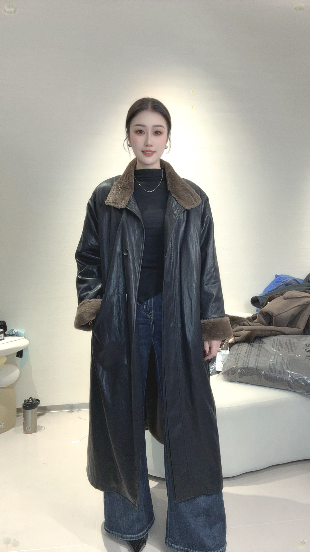 时尚加绒长袖保暖大衣皮衣长款复古港风宽松型（2577#）款