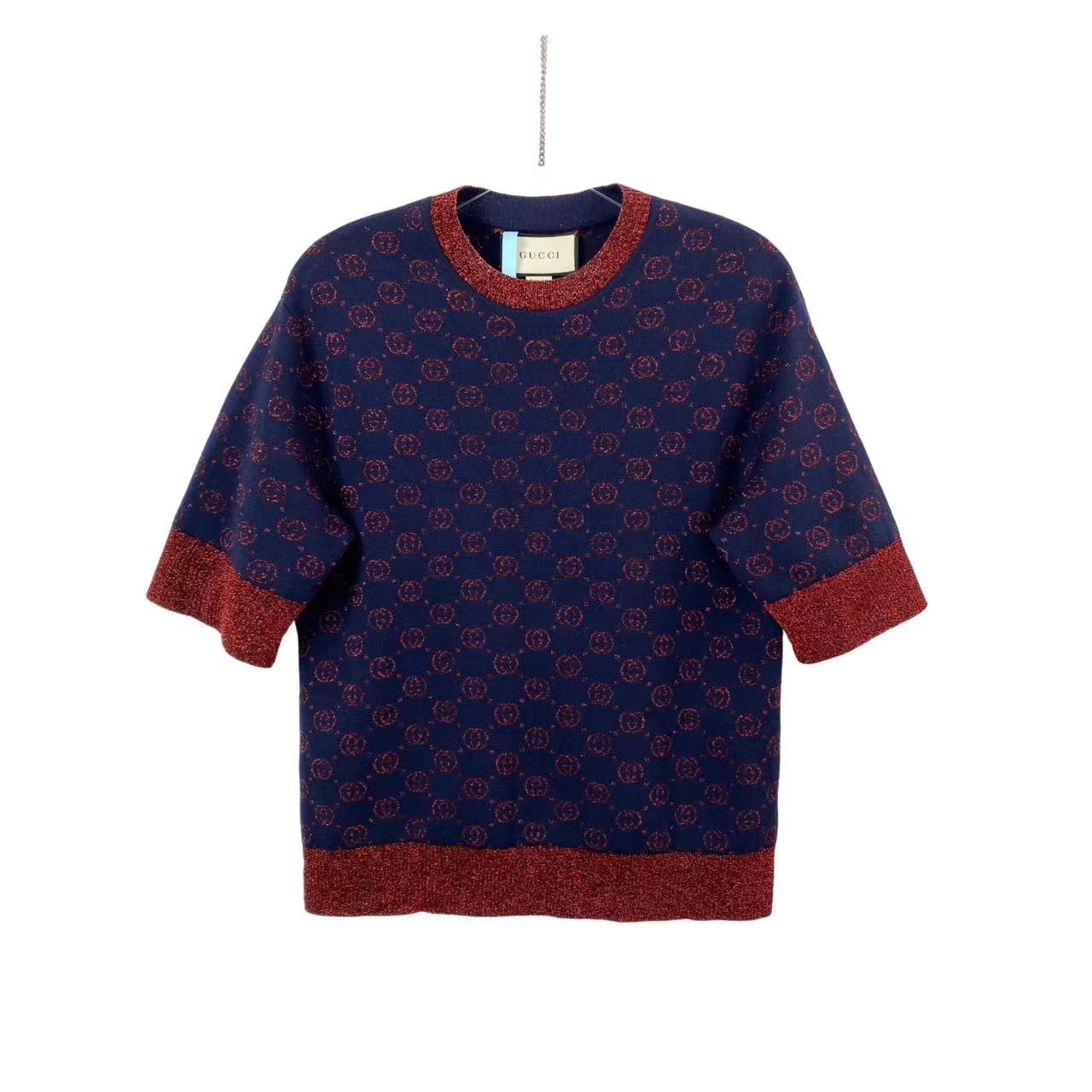 95新 GUCCI/古驰 yy388 羊毛 暗红满印针织短袖 xs码 
