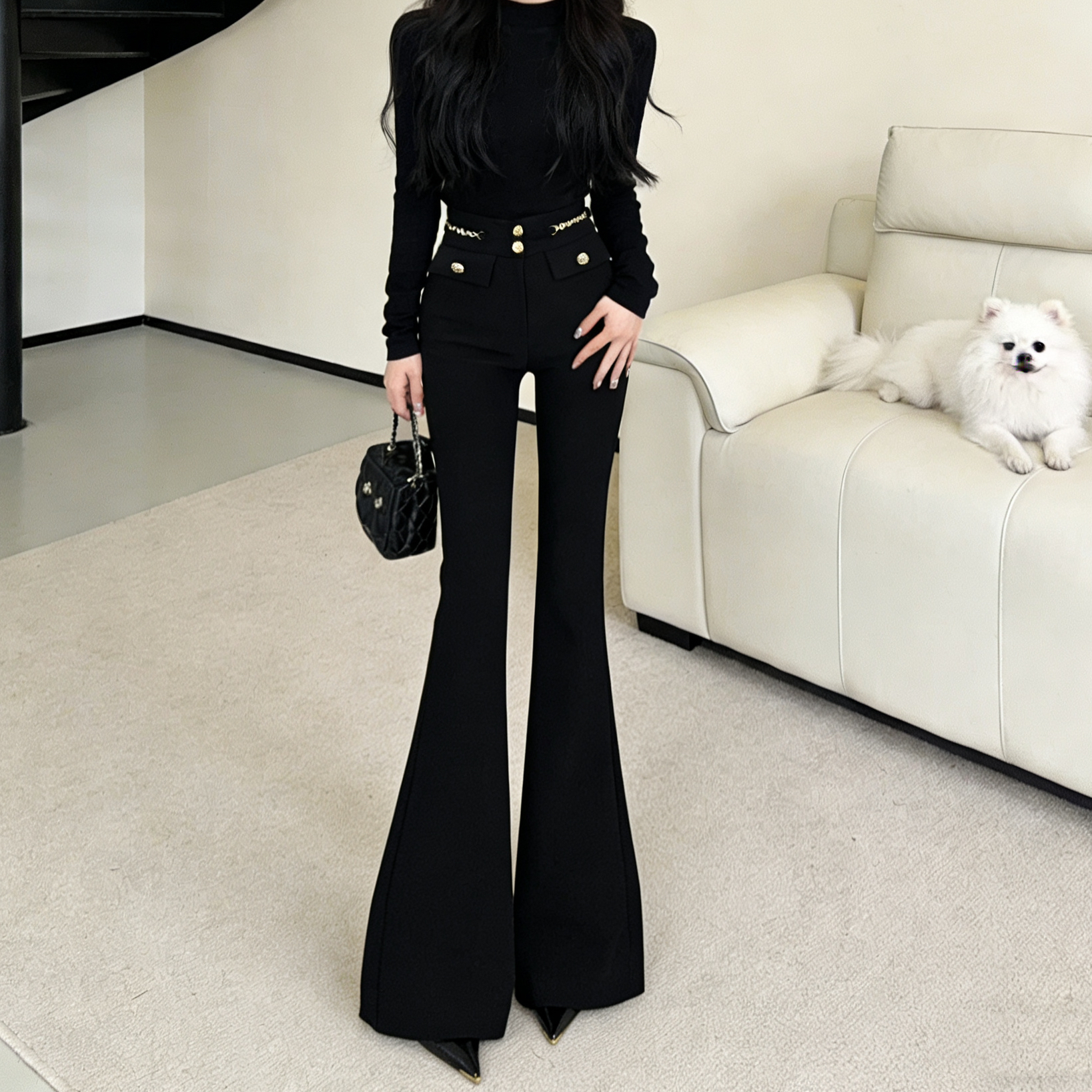 网红同款高腰喇叭裤女2025新款设计感垂感弹力紧身马蹄裤长裤8772