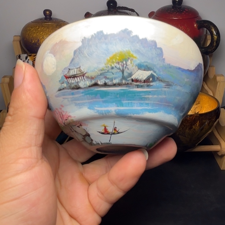 茶盏寒江孤影大漆重工手绘