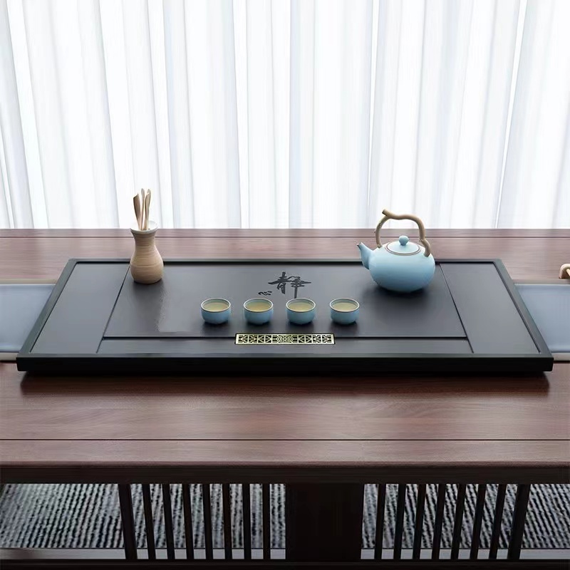 新款静心乌金石茶盘茶台创意个性长方形简约干湿分离干泡桌面排水
