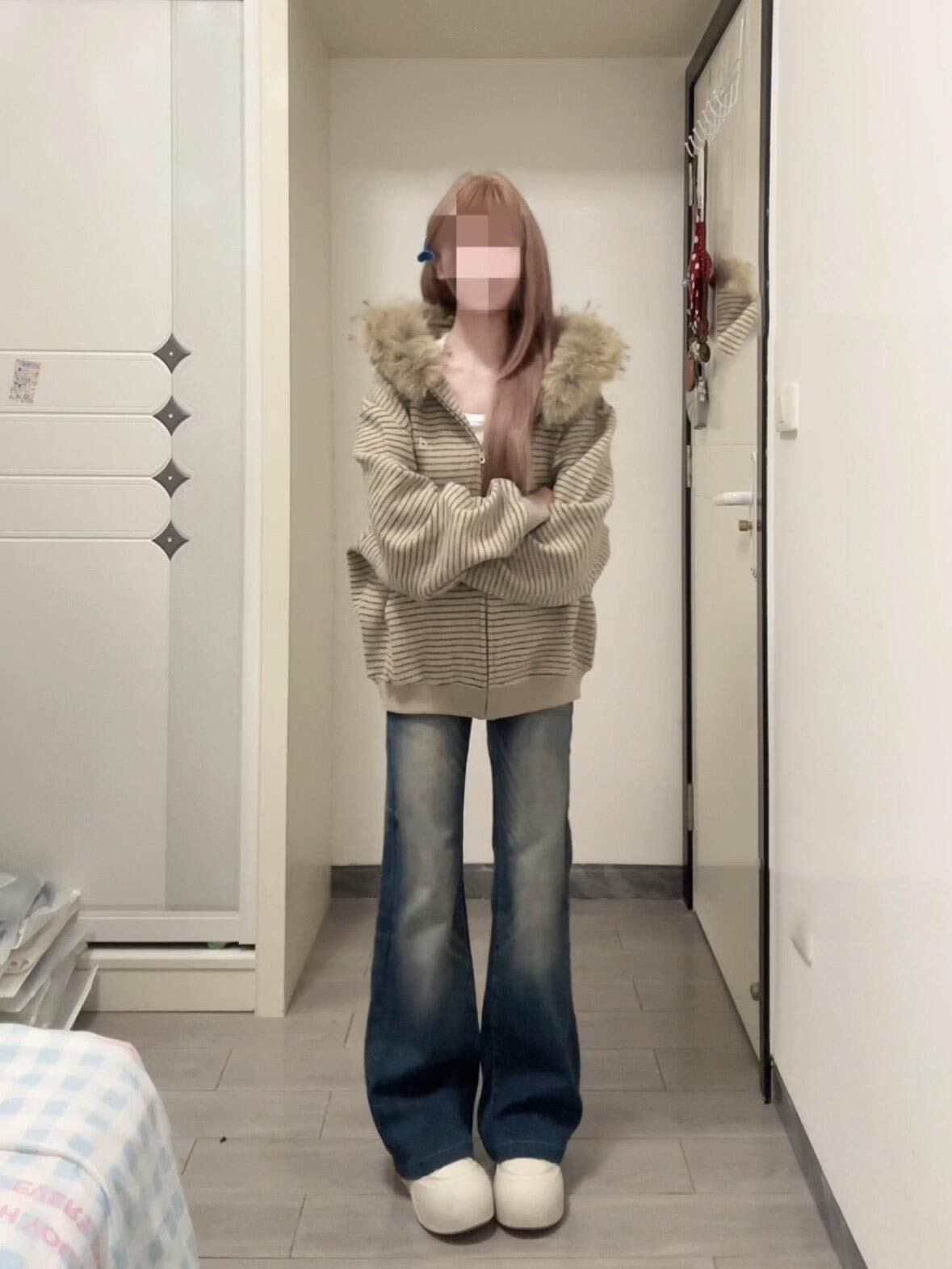 加绒加厚条纹连帽卫衣外套女秋冬季宽松毛领针织外穿上衣拉链开衫