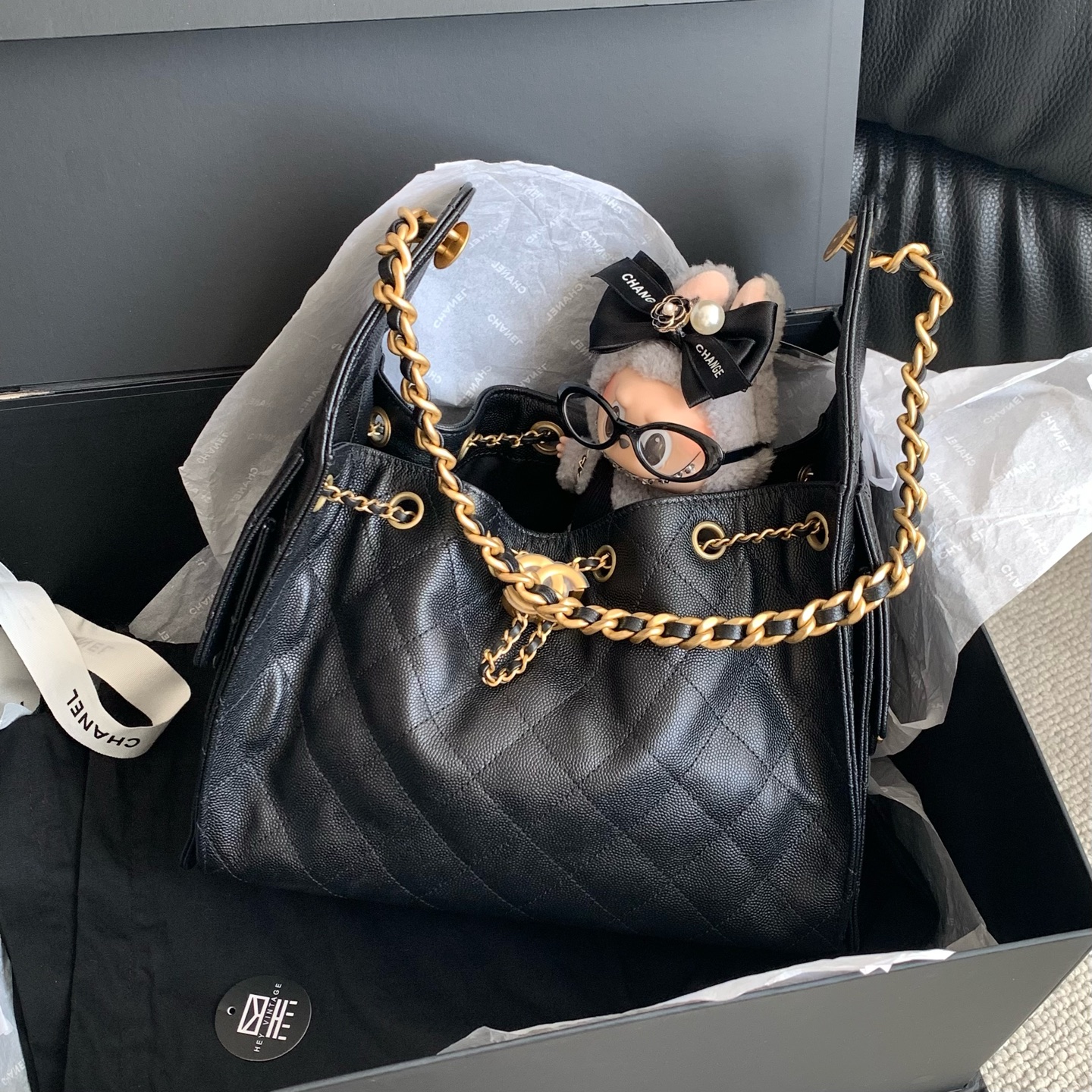 未使用 Chanel/香奈儿 黑色鱼子酱25bag hobo包小号 