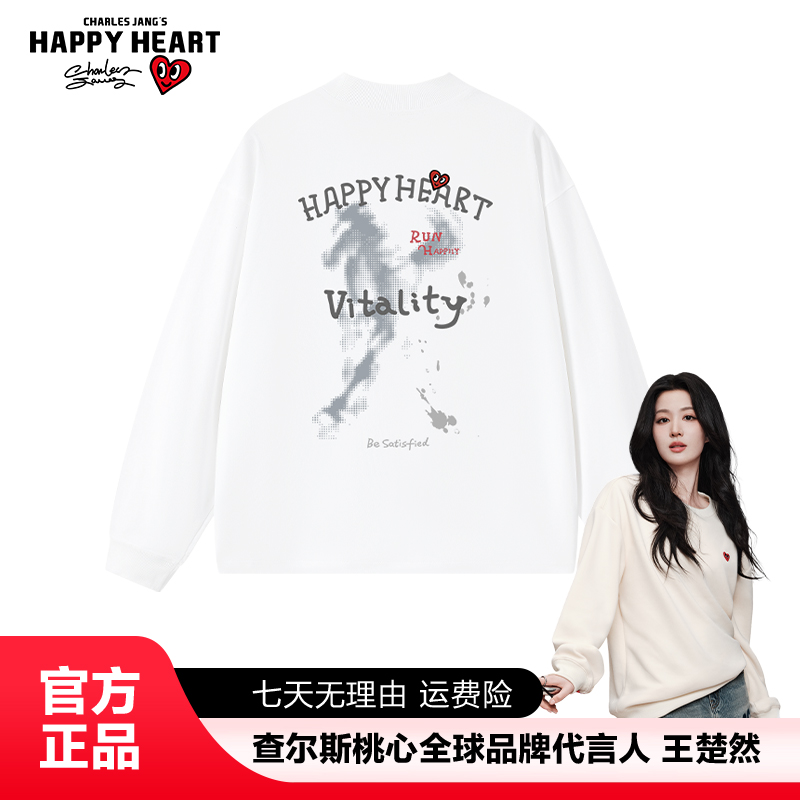 查尔斯桃心骏马印花美式简约纯棉长袖T恤百搭宽松休闲圆领情侣款