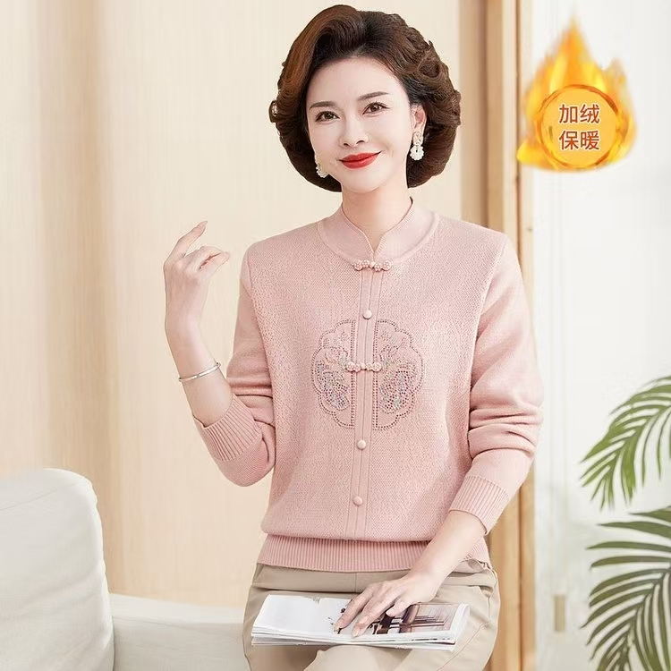 妈妈装国风毛衣加绒加厚冬季保暖上衣秋冬一体绒打底衫D953
