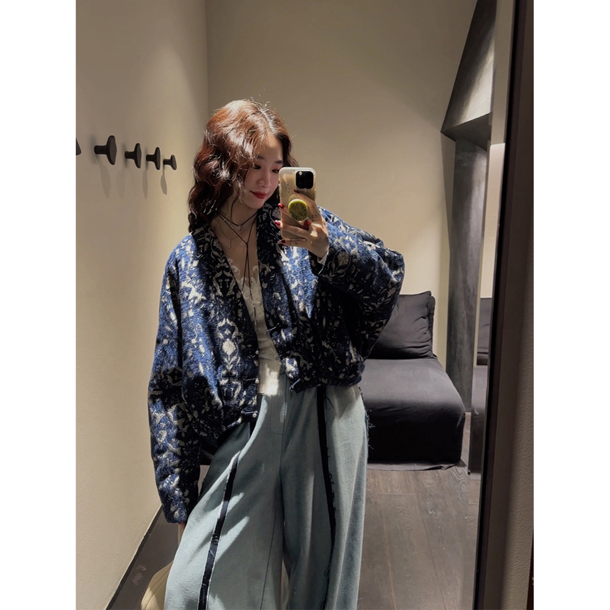 【熊熊专属】【倪妮机场同款】三吉黑花【渡江云】国风新中式腰果花羽绒