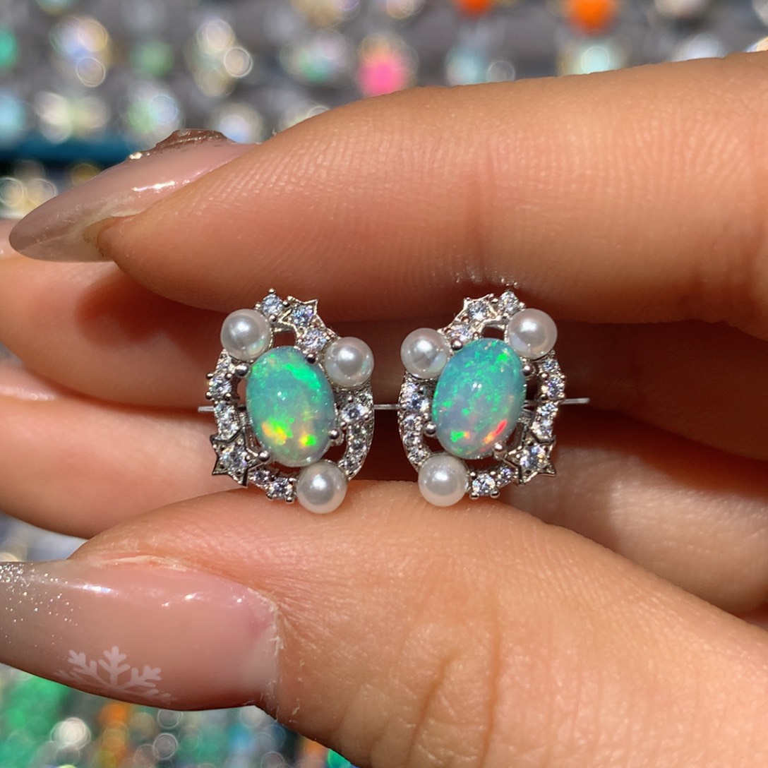 欧泊耳钉h银S925镶嵌福利