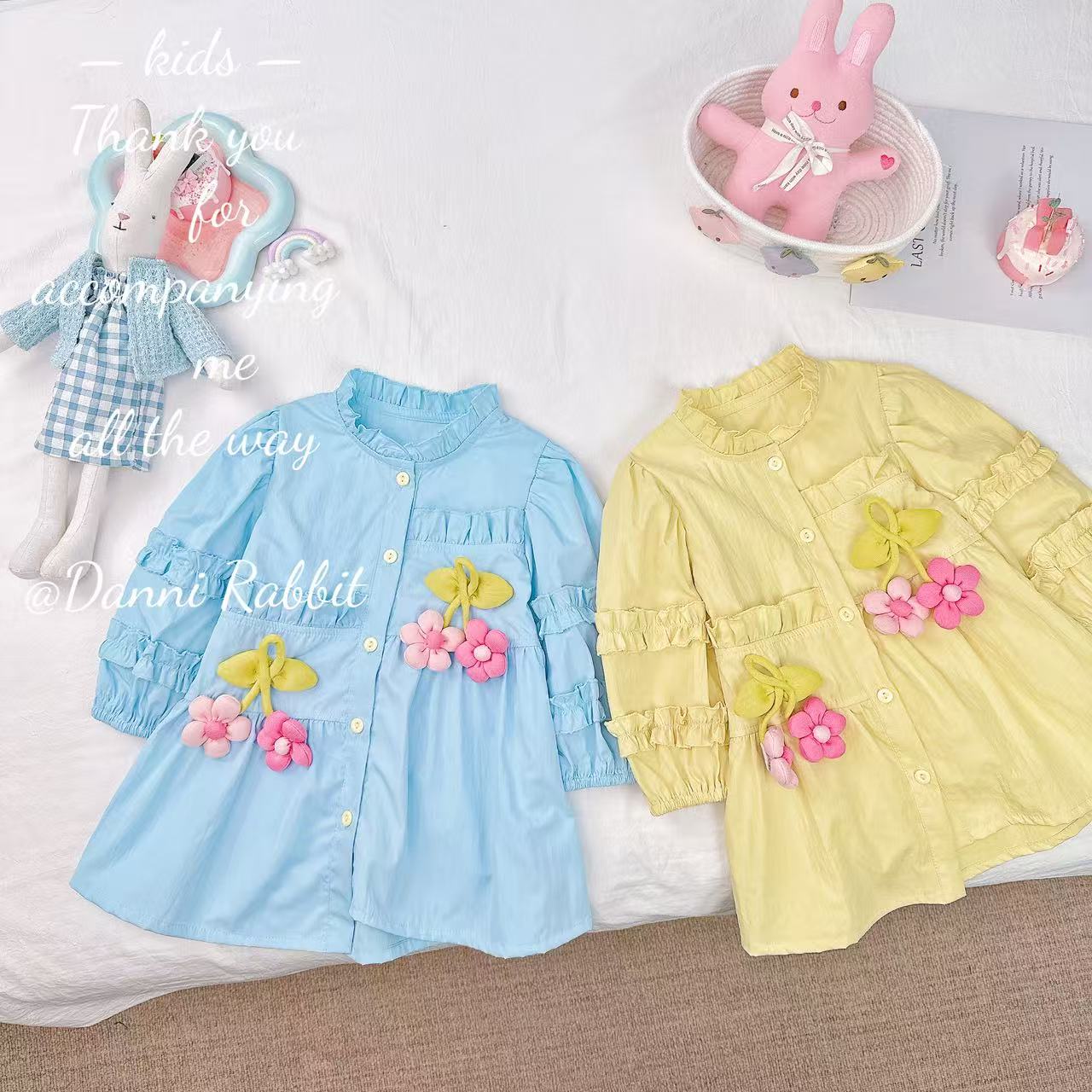 【Dannirabbit】*纯色百搭+可爱小花朵*女童花边连衣裙 X-864 