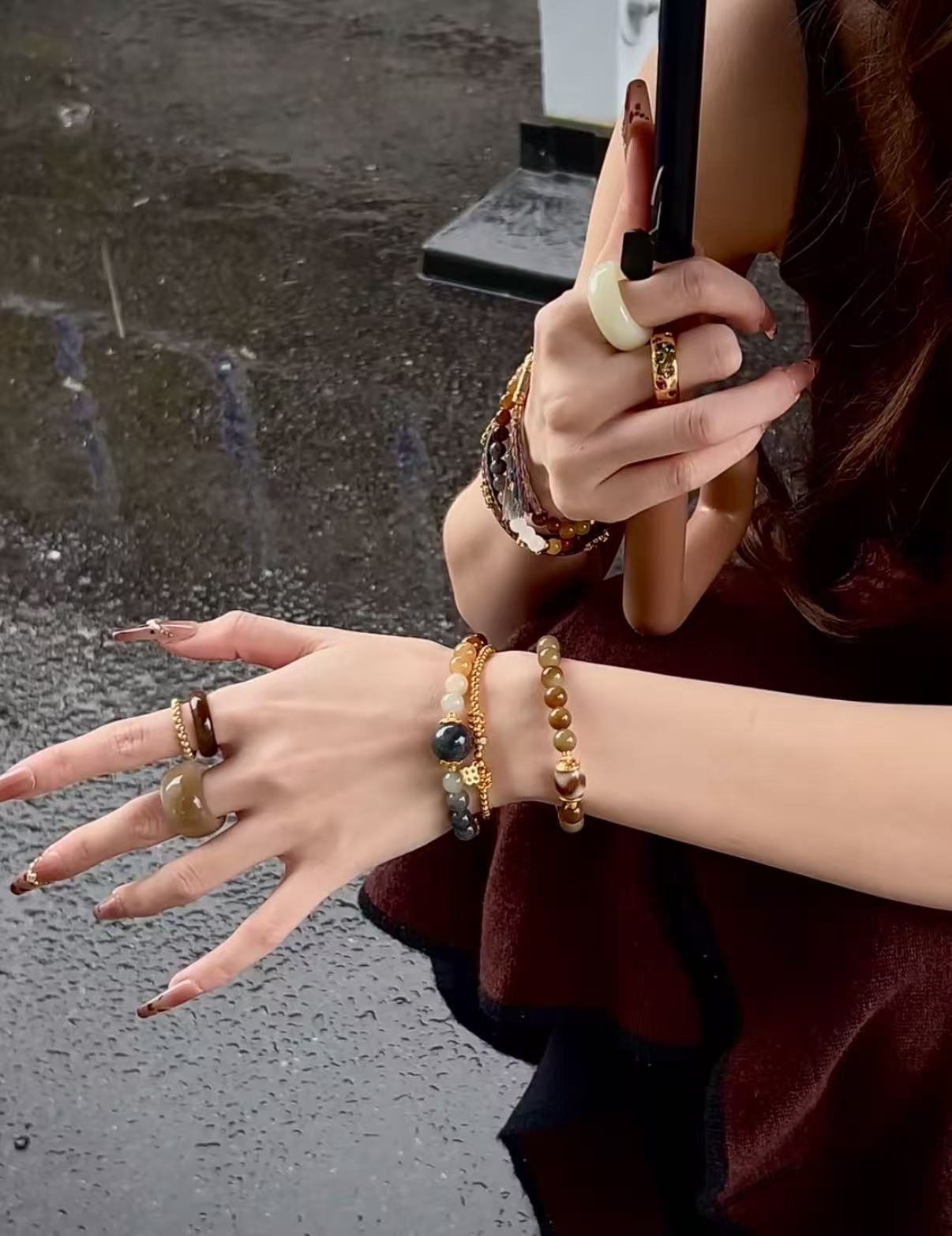 合金石英石手链 复古拼色串珠百搭小众素款金色黑色新中式民族风