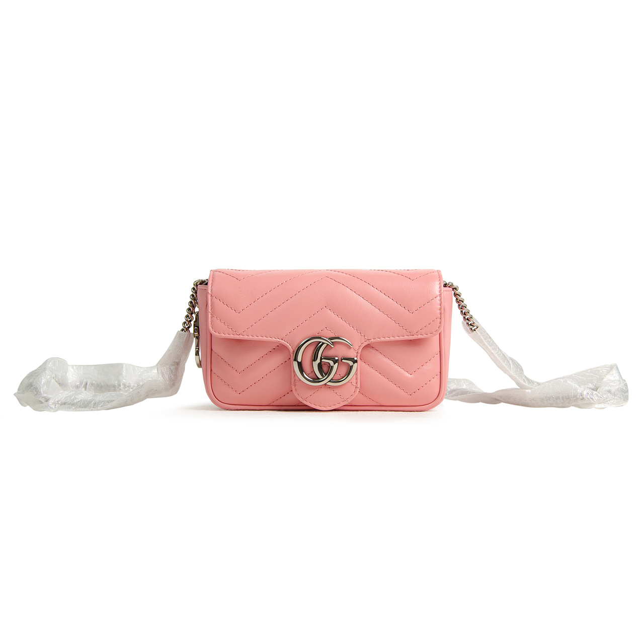 全新未使用 GUCCI/古驰 马蒙银Logo绗缝皮革单肩斜挎包粉色 G1821
