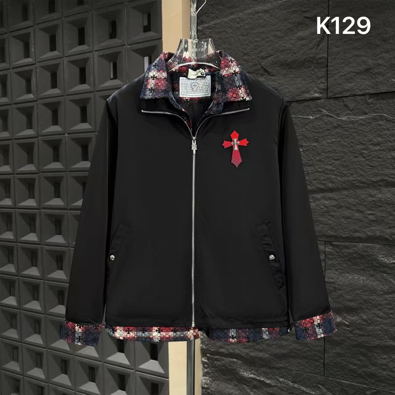 HI-K129-春秋男士假两件翻领格纹拼接撞色刺绣时尚休闲轻奢夹克